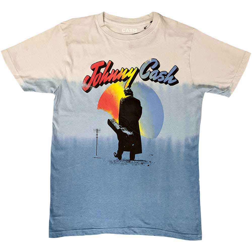 Johnny Cash Unisex T-Shirt: Walking Guitar (Blue) (Wash Collection)
