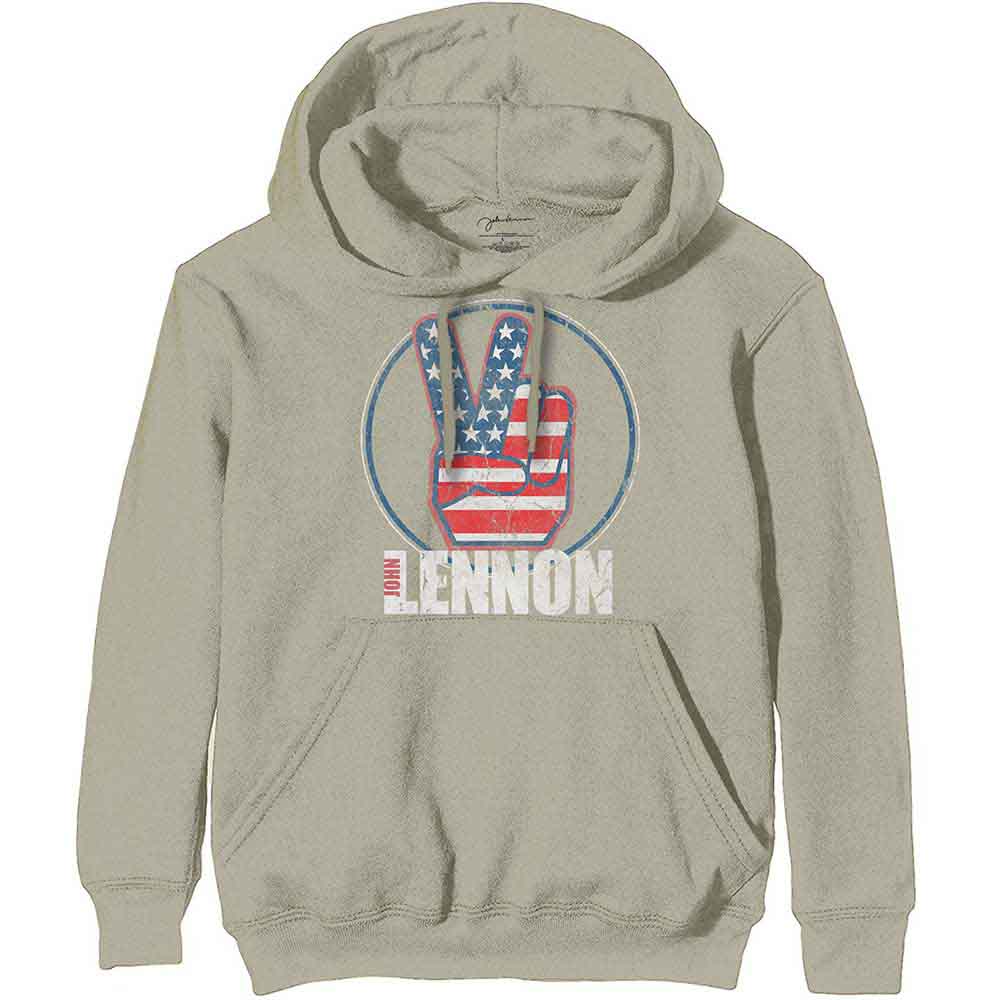 John Lennon Unisex Pullover Hoodie: Peace Fingers US Flag (Sand)