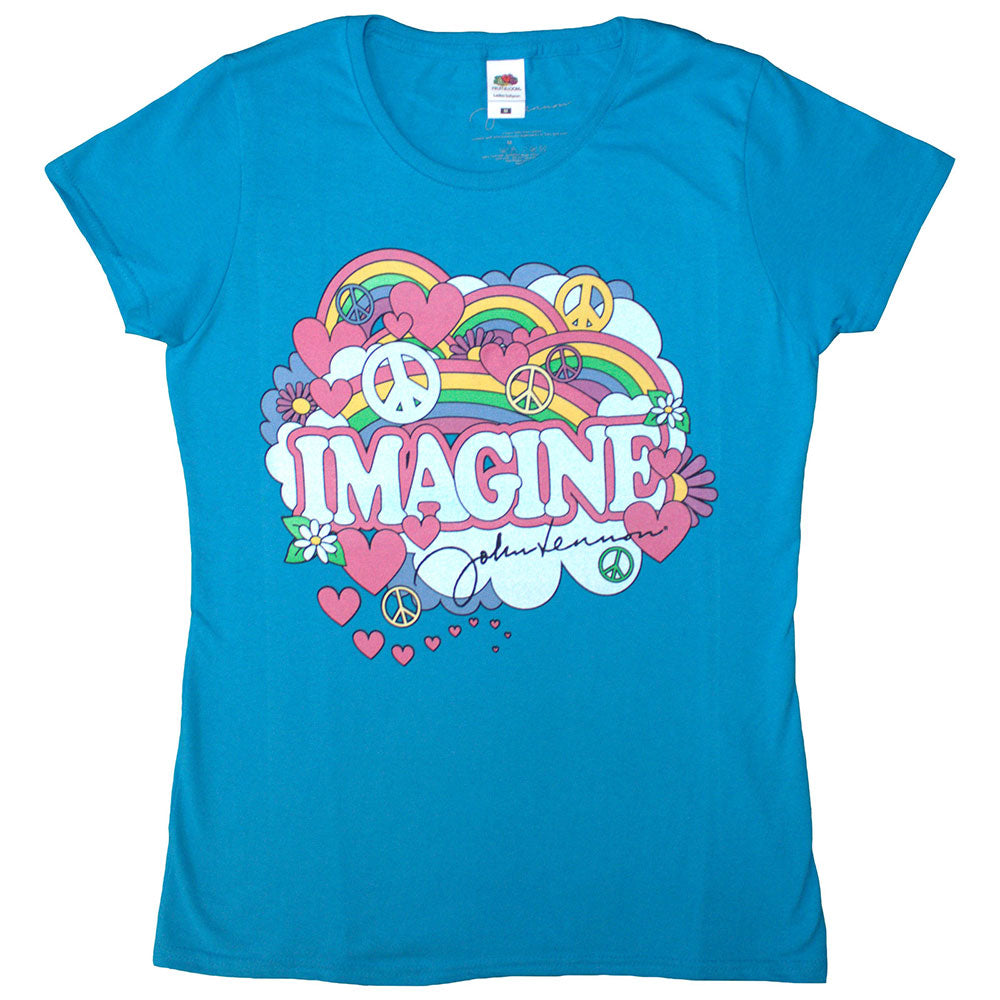 John Lennon Ladies T-Shirt: Rainbows, Love & Peace (Light Blue)