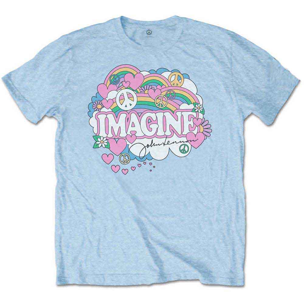 John Lennon Unisex T-Shirt: Rainbows, Love & Peace (Light Blue)