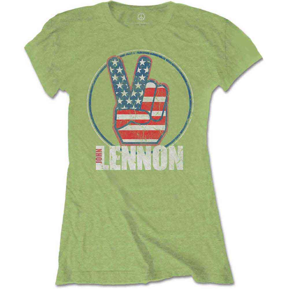 John Lennon Ladies T-Shirt: Peace Fingers US Flag (Kiwi Green)