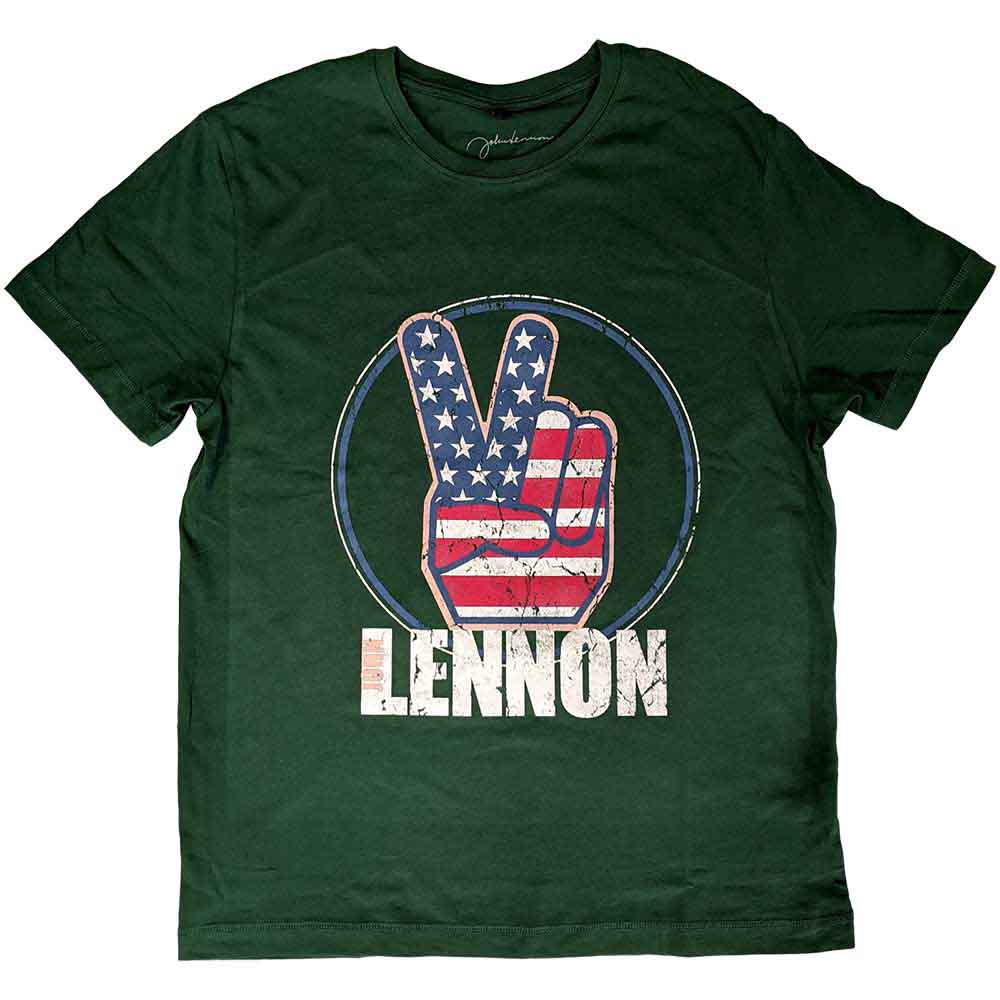 John Lennon Unisex T-Shirt: Peace Fingers US Flag (Green)