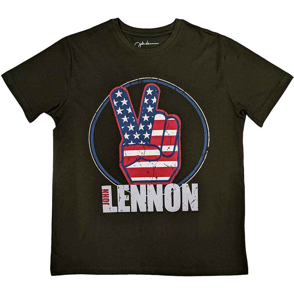 John Lennon Unisex T-Shirt: Peace Fingers US Flag (Military Green)