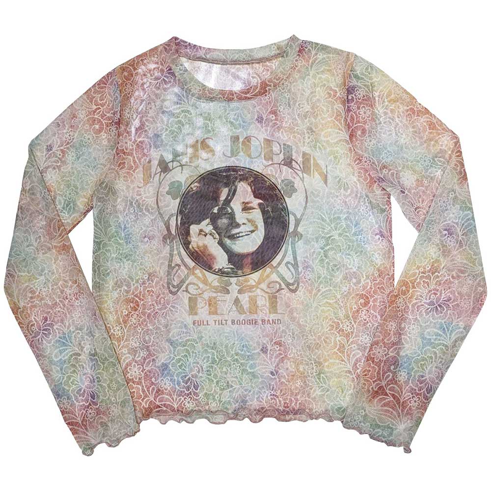 Janis Joplin Ladies Long Sleeve Crop Top: Pearl (White) (Mesh)