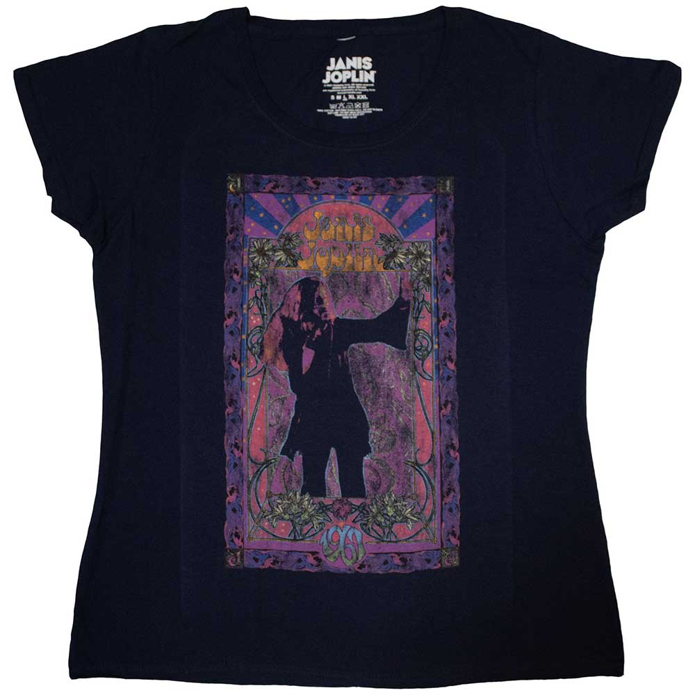 Janis Joplin Ladies T-Shirt: Paisley & Flowers Frame (Navy Blue)