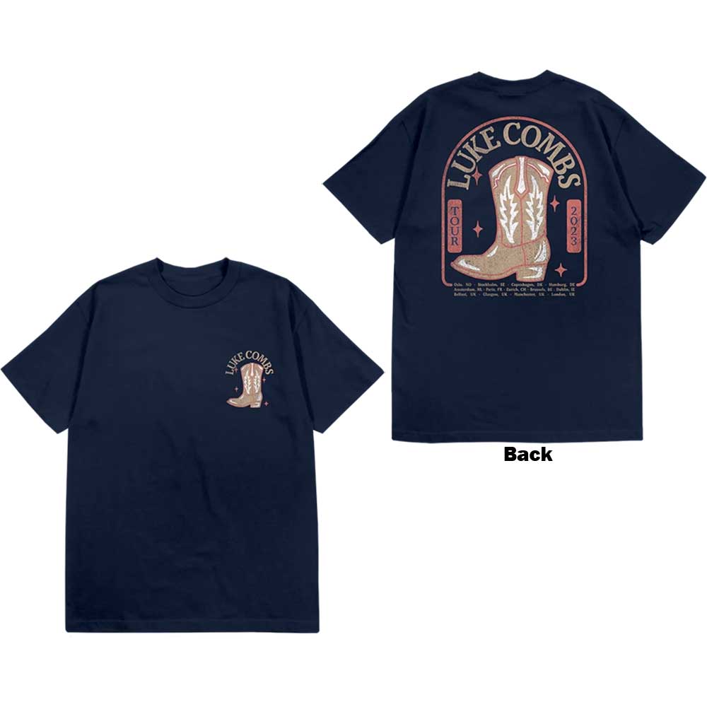 Luke Combs Unisex T-Shirt: Tour '23 Cowboy Boot (Navy Blue) (Back Print & Ex-Tour) (Small)