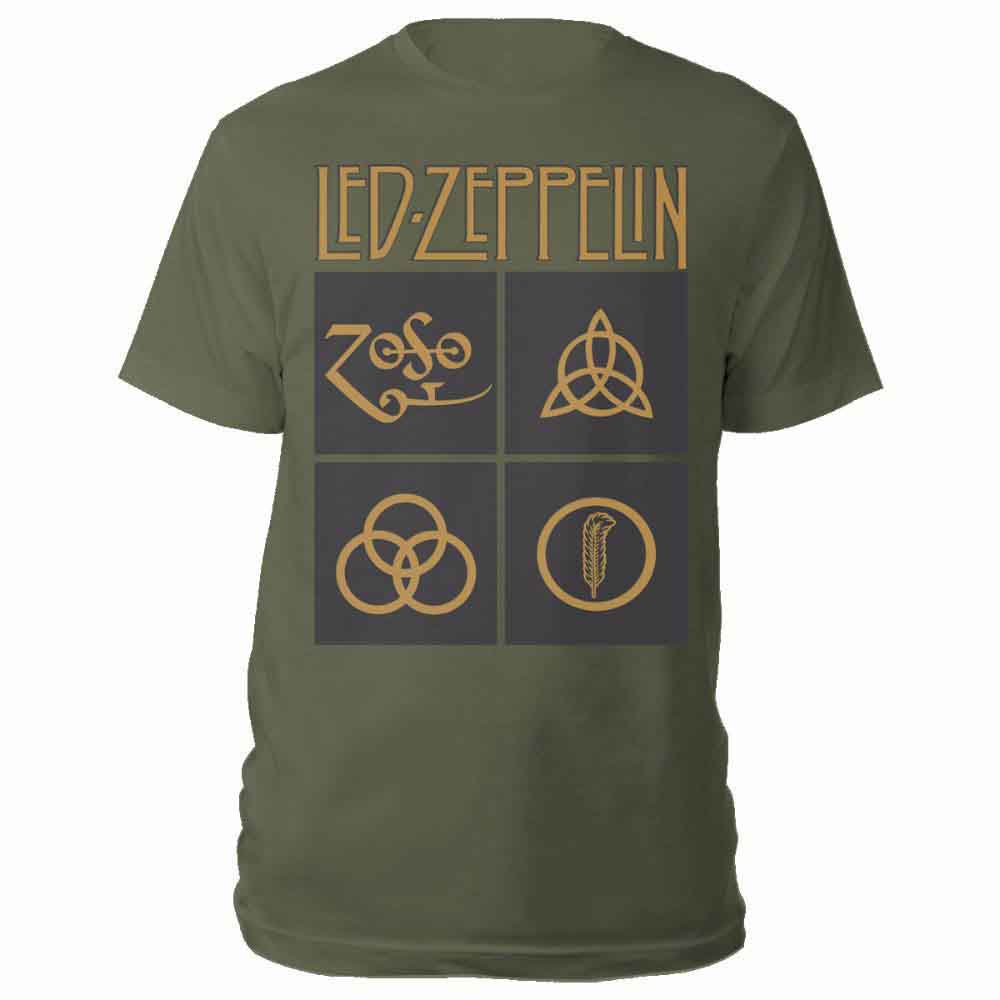 Led Zeppelin Unisex T-Shirt: Gold Symbols in Black Square (Green)