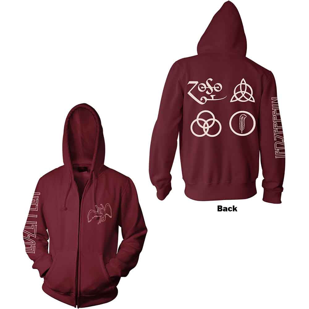 Led Zeppelin Unisex Zipped Hoodie: Symbols (Maroon Red) (Back Print)