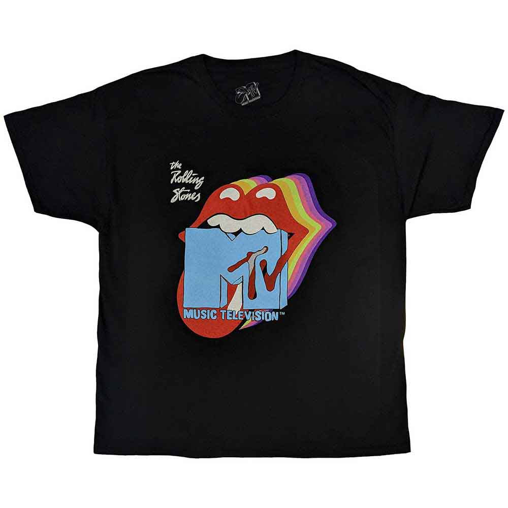 MTV Unisex T-Shirt: Rolling Stones Rainbow Shadow Tongue (Black)