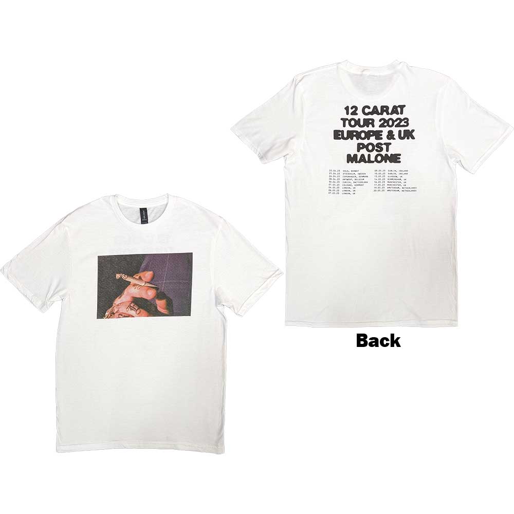 Post Malone Unisex T-Shirt: Burn It Down 2023 Tour Dates (White) (Back Print & Ex-Tour)