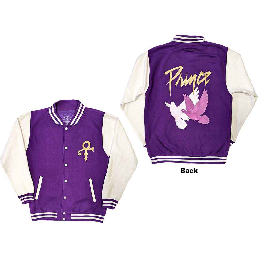 Prince Unisex Varsity Jacket: Doves (Purple & White) (Back Print)