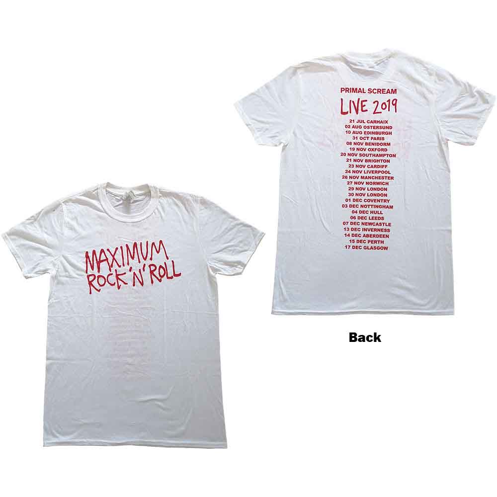 Primal Scream Unisex T-Shirt: Maximum RnR (White) (Back Print & Ex-Tour) (XX-Large)