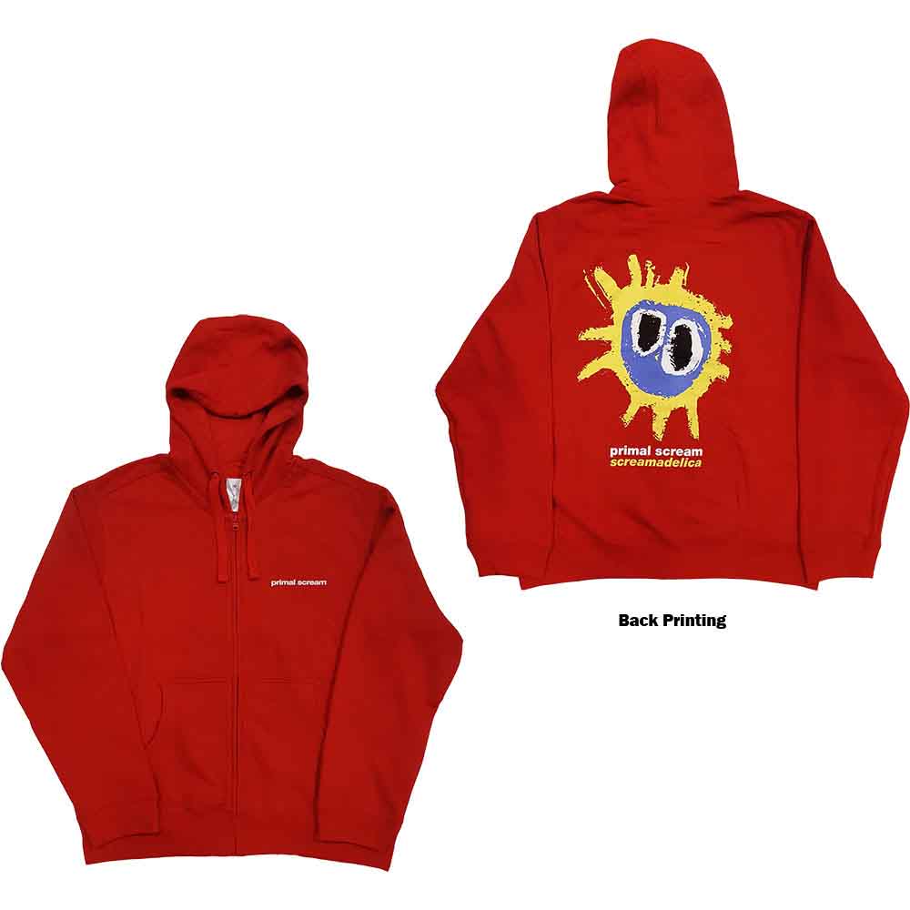 Primal Scream Unisex Zipped Hoodie: Screamadelica (Red) (Back Print)