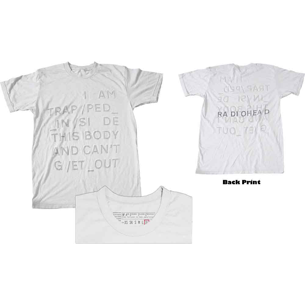 Radiohead Unisex T-Shirt: Trapped (White) (Back Print)