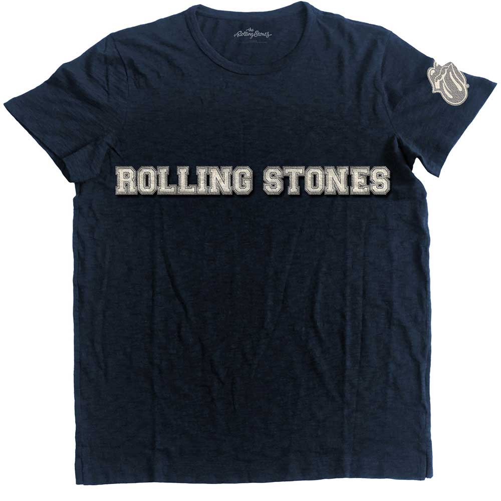 The Rolling Stones Unisex T-Shirt: Logo & Tongue Applique (Navy Blue) (Embellished)