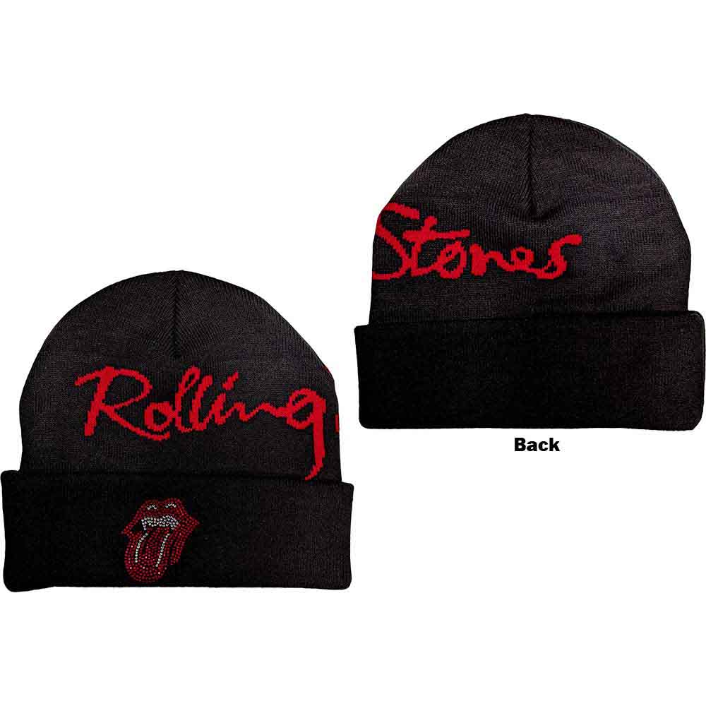 The Rolling Stones Unisex Beanie Hat: Embellished Classic Tongue (Black) (Back Print)