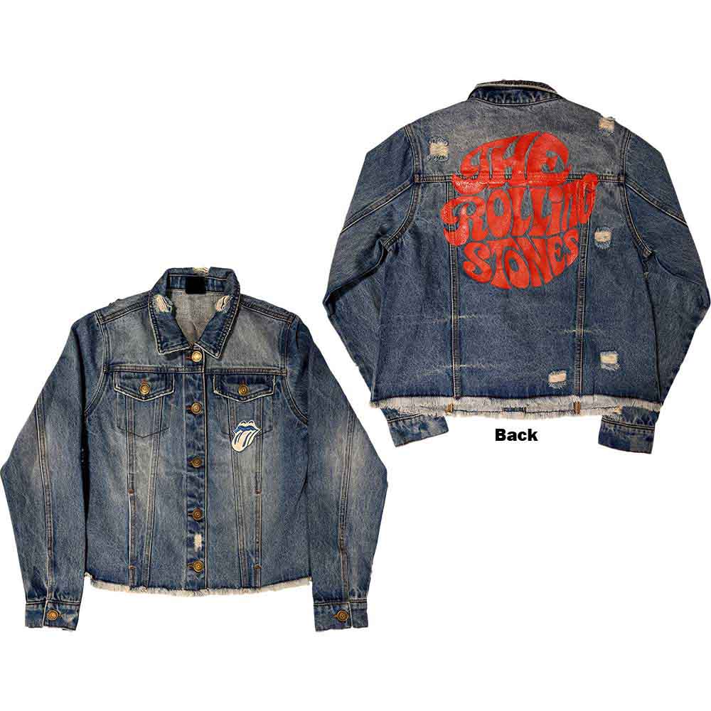 The Rolling Stones Ladies Denim Jacket: Script (Light Denim Blue) (Back Print)