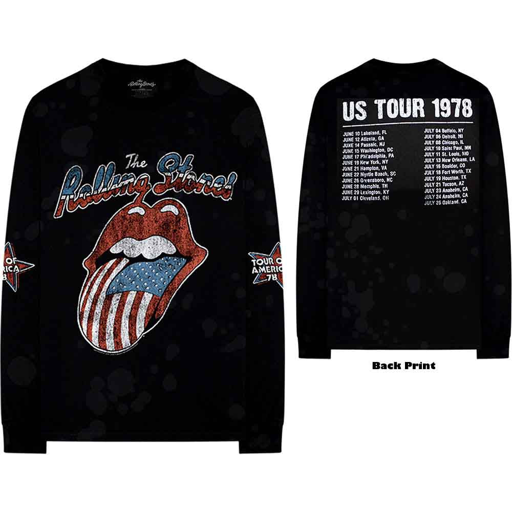 The Rolling Stones Unisex Long Sleeve T-Shirt: US Tour '78 (Black) (Back & Sleeve Print)