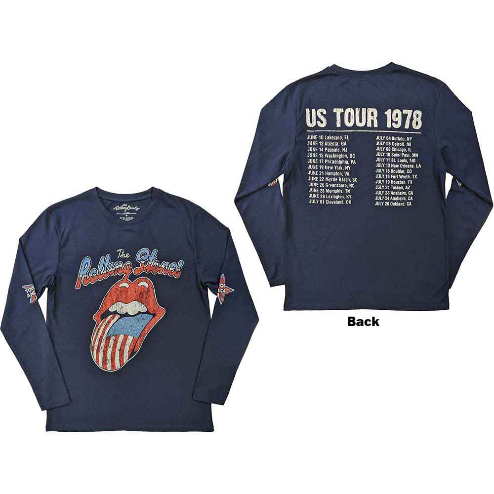 The Rolling Stones Unisex Long Sleeve T-Shirt: US Tour '78 (Navy Blue) (Back & Sleeve Print)