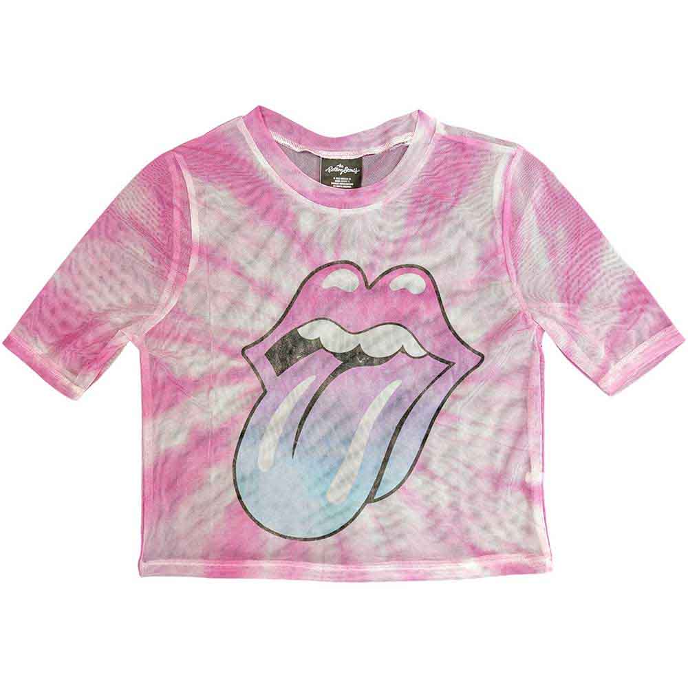 The Rolling Stones Ladies Crop Top: Pink Gradient Tongue (White) (Mesh)