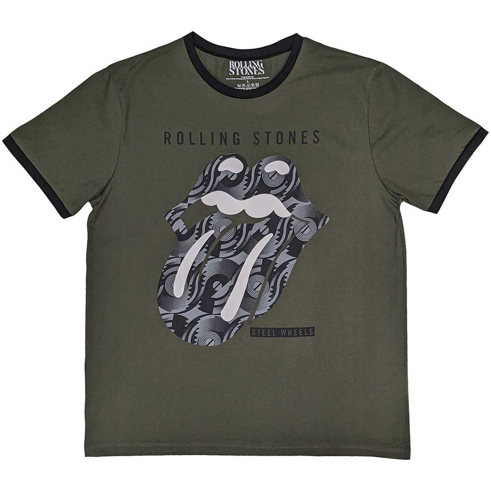 The Rolling Stones Unisex Ringer T-Shirt: Black & White Tongue (Khaki Green)