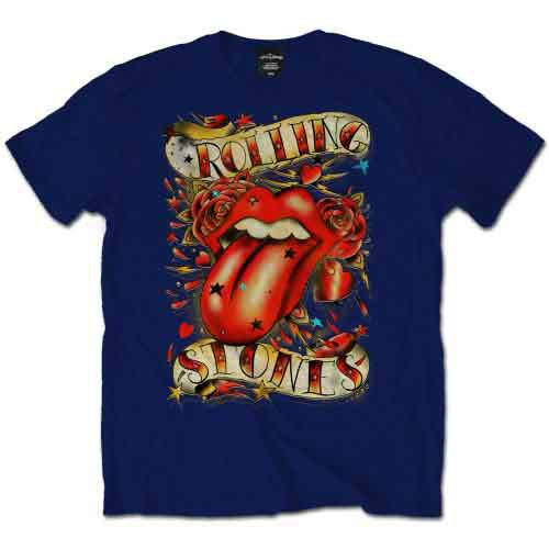 The Rolling Stones Unisex T-Shirt: Tongue & Stars (Navy Blue)