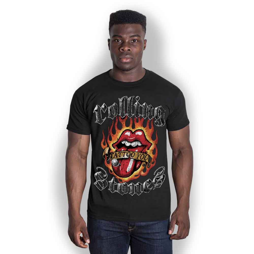 The Rolling Stones Unisex T-Shirt: Flaming Tattoo Tongue (Black)