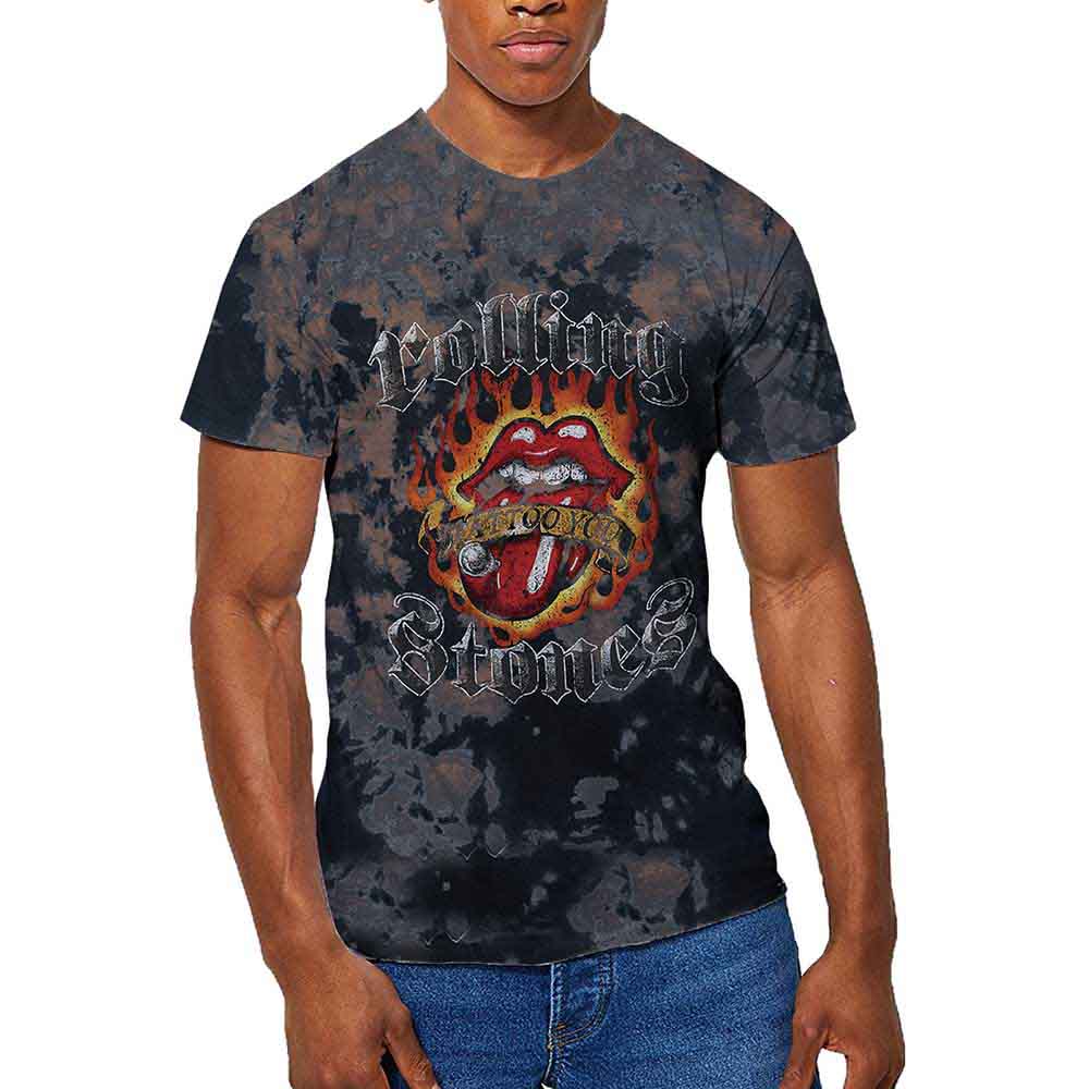 The Rolling Stones Unisex T-Shirt: Tattoo Flames (Dip-Dye On Grey) (Wash Collection)