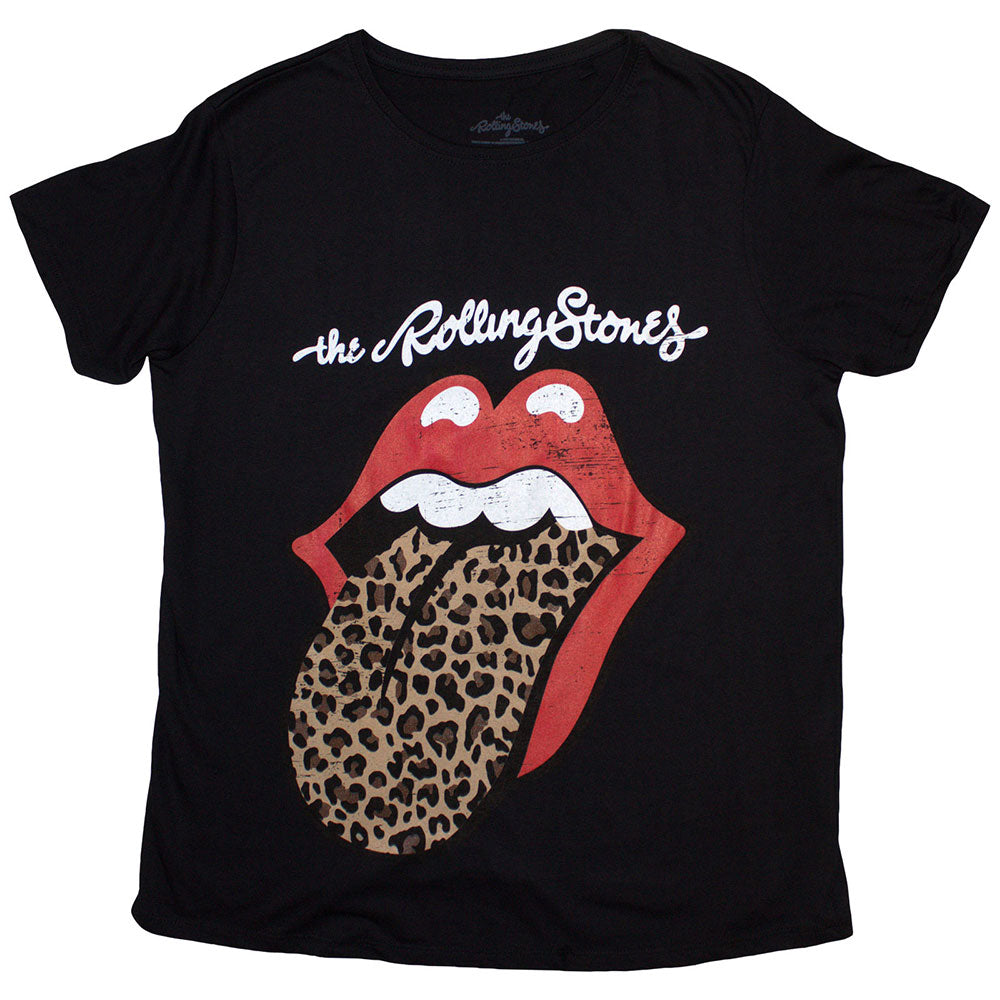 The Rolling Stones Ladies T-Shirt: Leopard Print Tongue (Black)