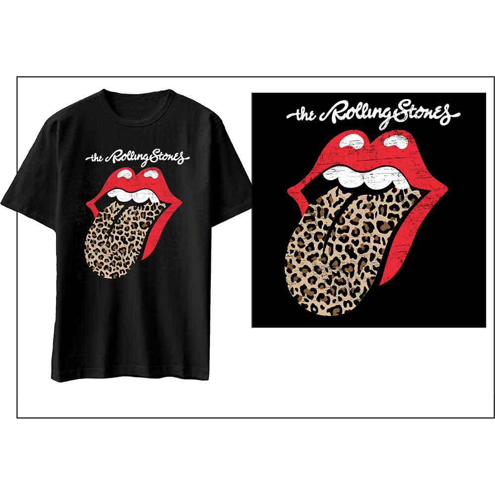 The Rolling Stones Unisex T-Shirt: Leopard Print Tongue (Black)