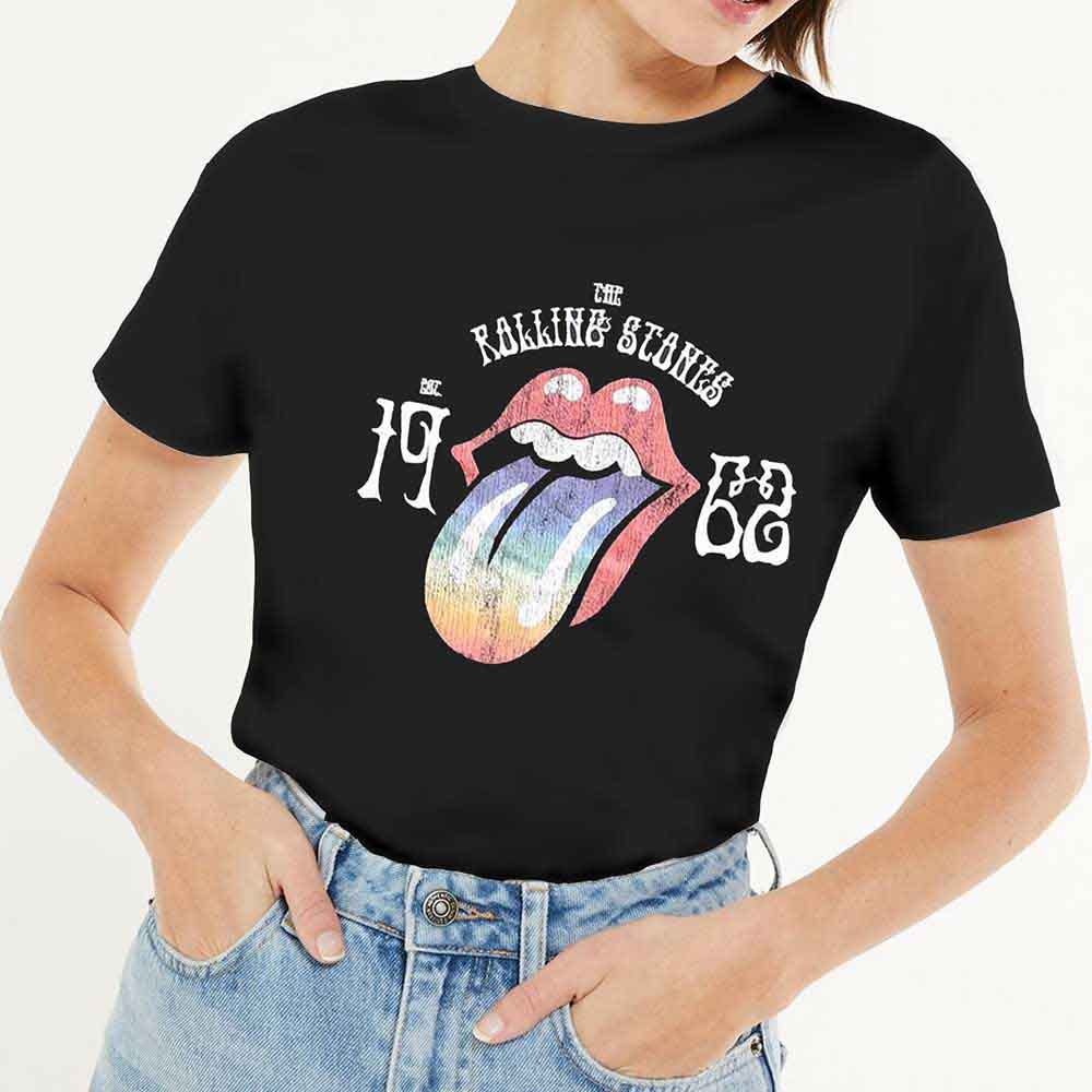 The Rolling Stones Ladies T-Shirt: Sixty Rainbow Tongue '62 (Black) (Embellished)