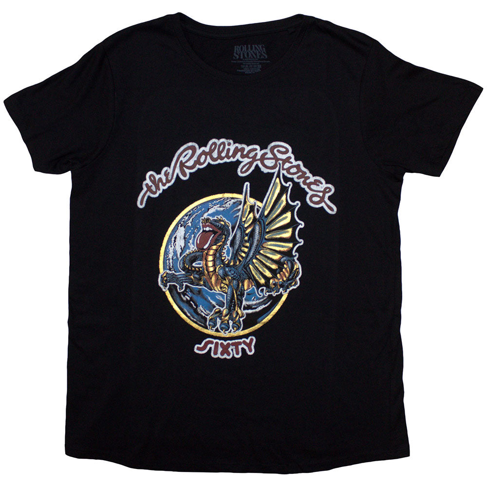 The Rolling Stones Ladies T-Shirt: Sixty Dragon Globe Foiled Print (Black) (Embellished)