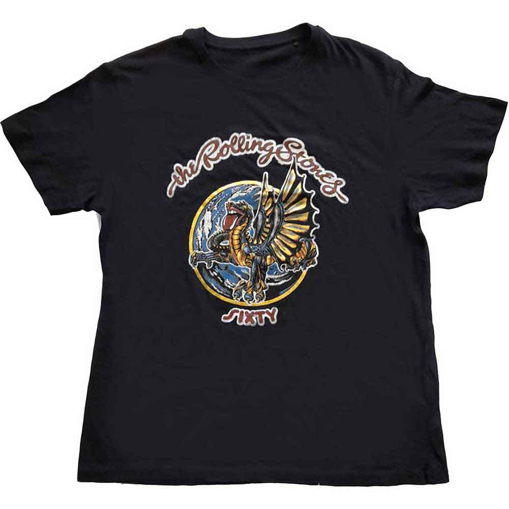 The Rolling Stones Unisex T-Shirt: Sixty Dragon Globe Sixty Dragon Globe Foiled Print (Black) (Embellished)