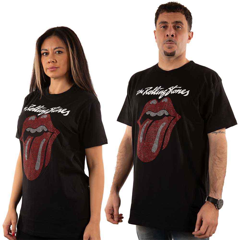 The Rolling Stones Unisex T-Shirt: Logo & Tongue (Black) (Embellished)