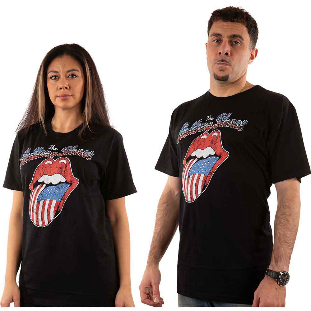 The Rolling Stones Unisex T-Shirt: USA Tongue (Black) (Embellished)