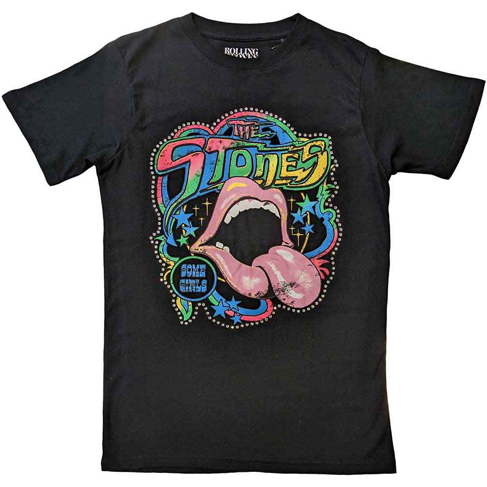 The Rolling Stones Unisex T-Shirt: Some Girls Neon Tongue (Faded Black) (Embellished)