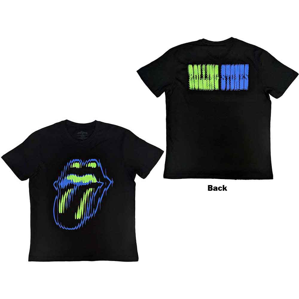 The Rolling Stones Unisex T-Shirt: Distorted Tongue (Black) (Back Print)