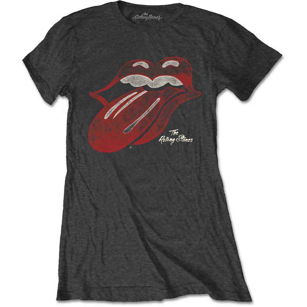 The Rolling Stones Ladies T-Shirt: Vintage Tongue Logo (Charcoal Grey)