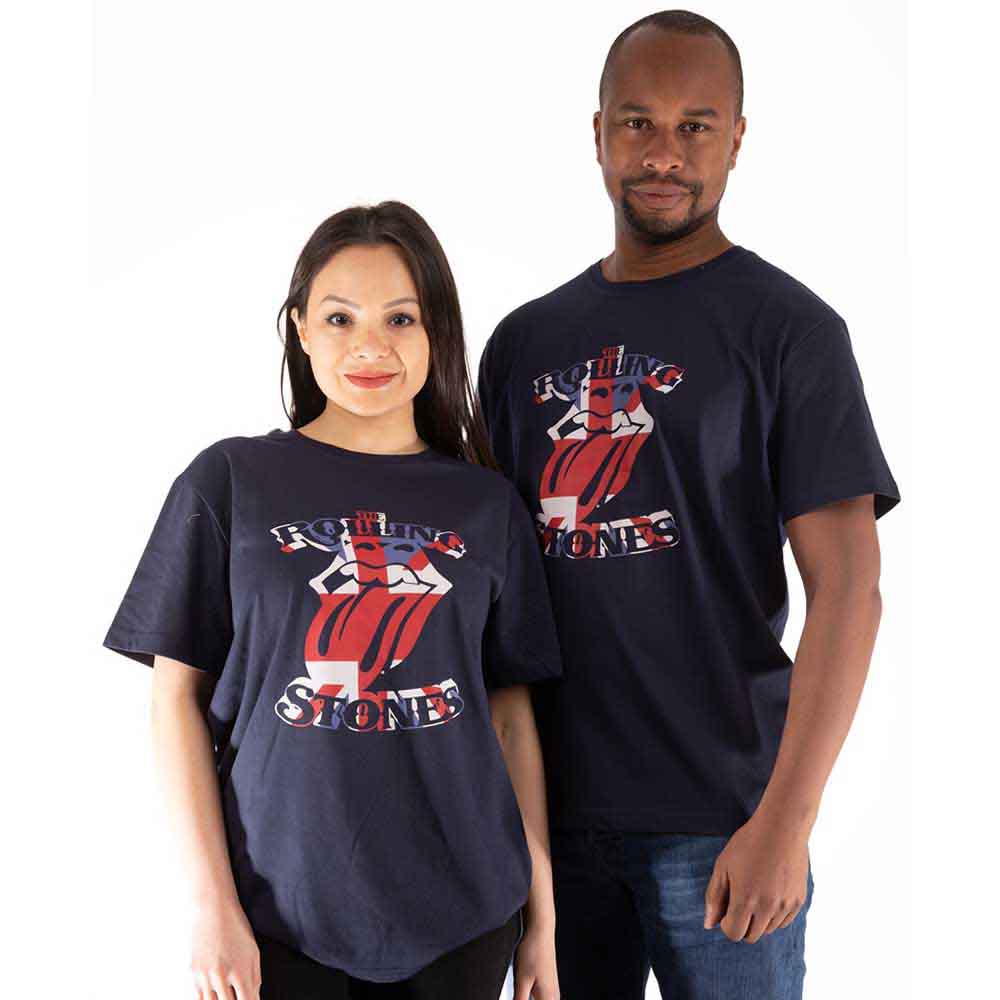 The Rolling Stones Unisex T-Shirt: British Flag Tongue (Navy Blue)