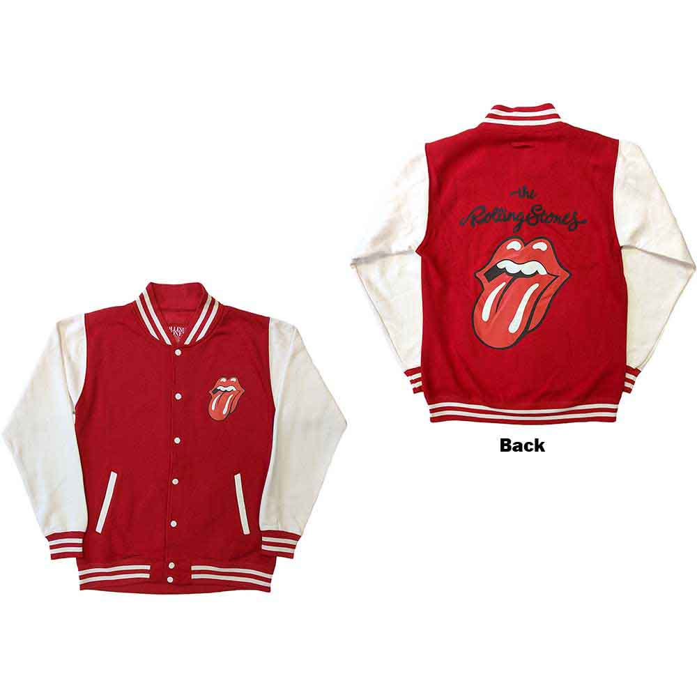 The Rolling Stones Unisex Varsity Jacket: Classic Tongue (Red & White) (Back Print)