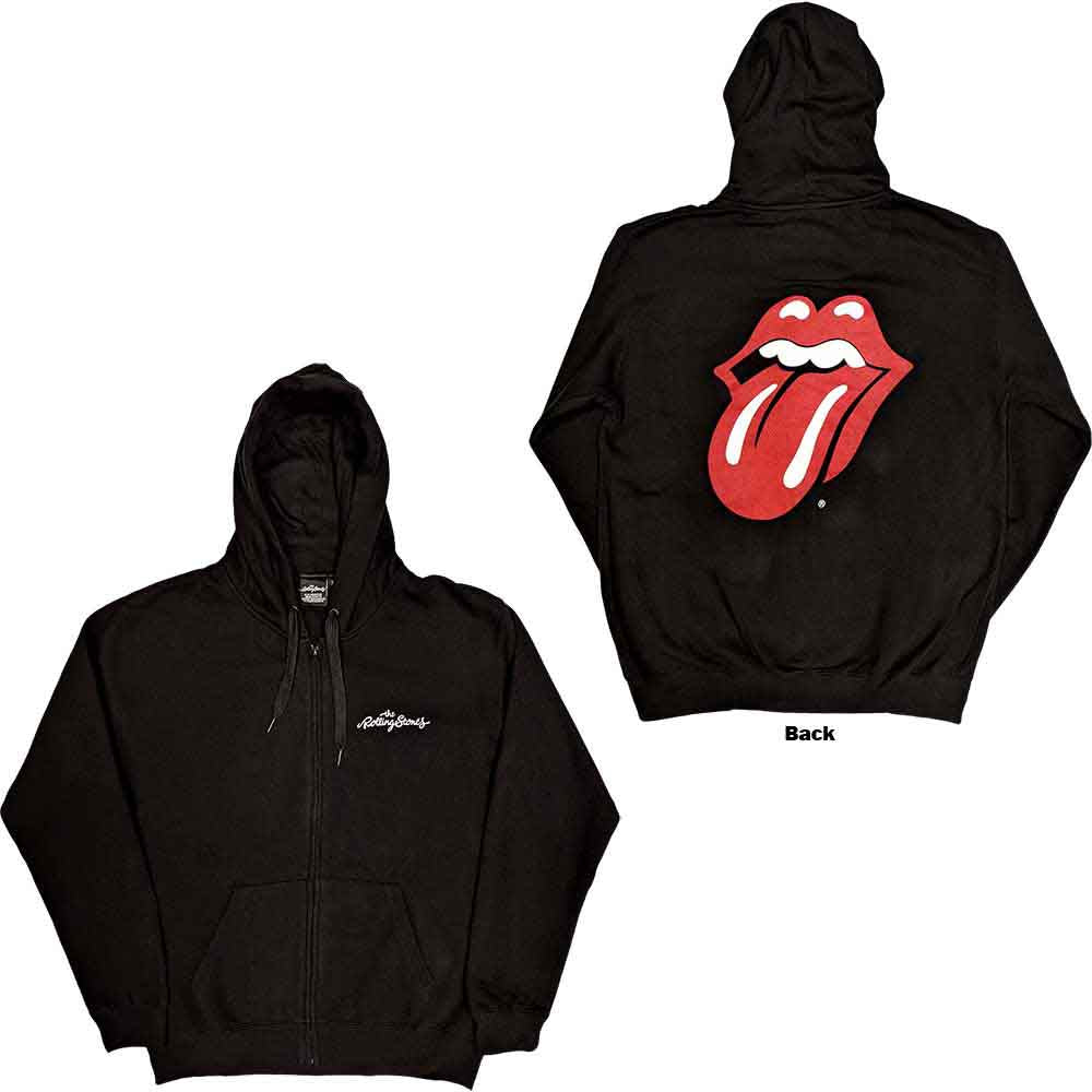 The Rolling Stones Unisex Zipped Hoodie: Classic Tongue (Black) (Back Print)