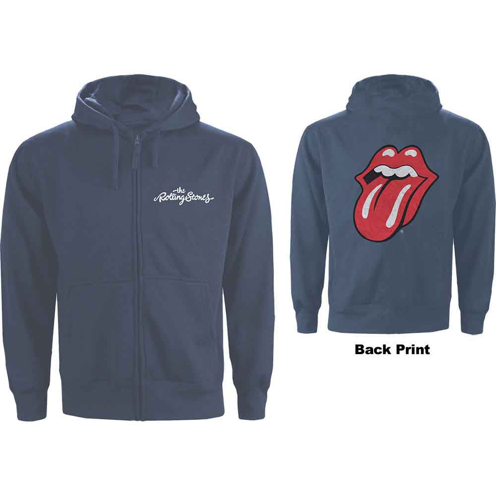 The Rolling Stones Unisex Zipped Hoodie: Classic Tongue (Petrol Blue) (Back Print)