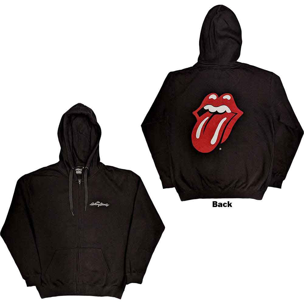 The Rolling Stones Unisex Zipped Hoodie: Logo & Tongue (Black) (Back Print)