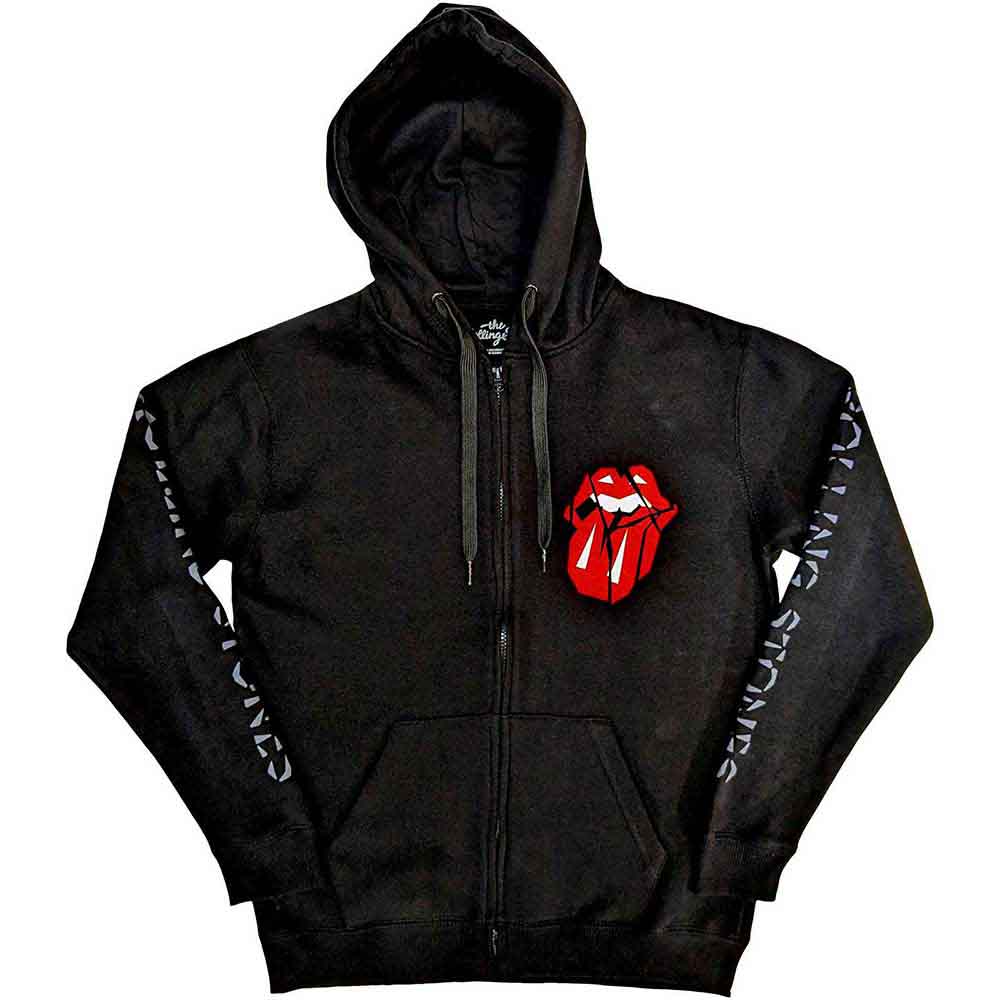 The Rolling Stones Unisex Zipped Hoodie: Hackney Diamonds Shattered Tongue (Black) (Sleeve Print)