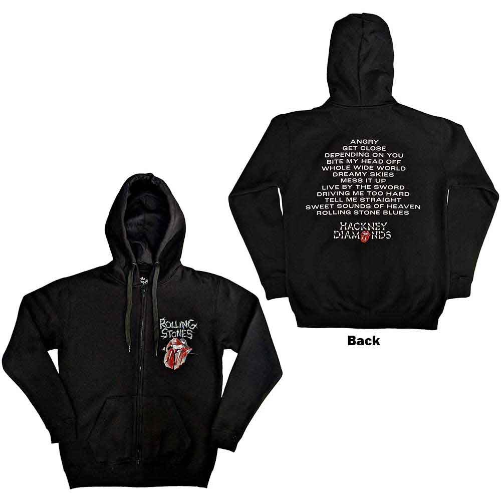 The Rolling Stones Unisex Zipped Hoodie: Hackney Diamonds Tracklist (Black) (Back Print)