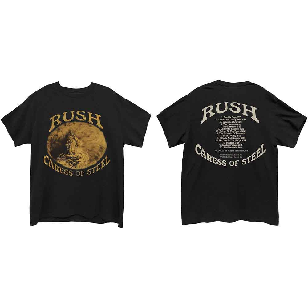 Rush Unisex T-Shirt: Caress of Steel (Black) (Back Print)