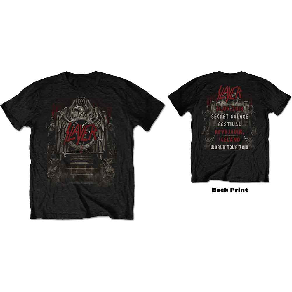 Slayer Unisex T-Shirt: Eagle Grave 21/06/18 Iceland Event (Black) (Back Print & Ex-Tour) (Small)