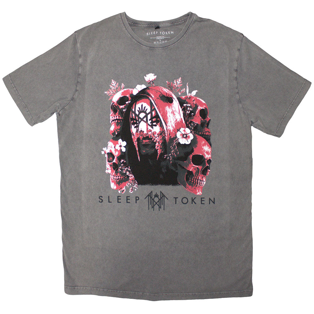 Sleep Token Unisex Stone Wash T-Shirt: Skulls & Flowers (Grey)