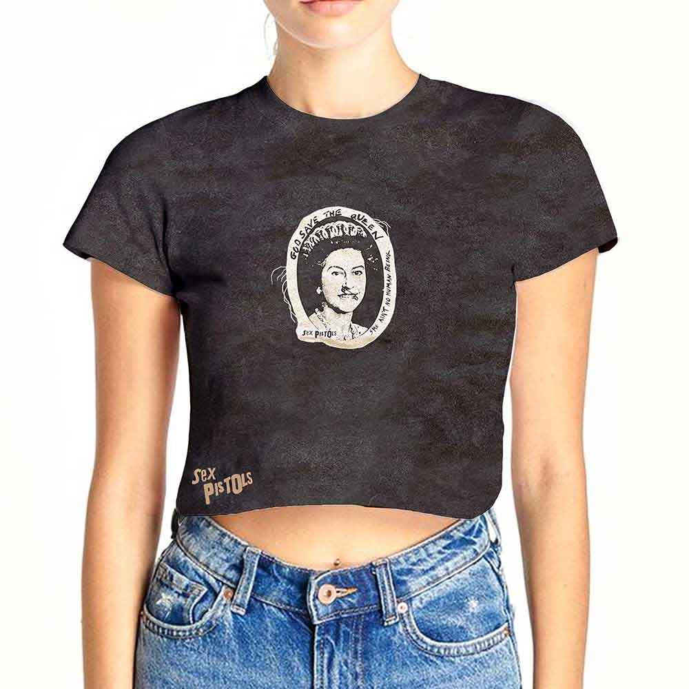 The Sex Pistols Ladies Crop Top: God Save The Queen (Black) (Wash Collection)