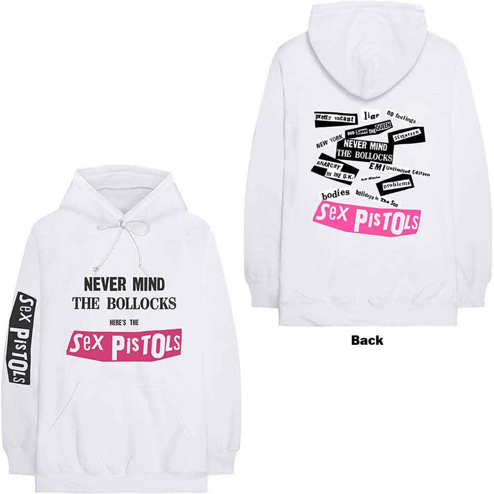 The Sex Pistols Unisex Pullover Hoodie: Never Mind The Bollocks (White) (Back Print & Sleeve Print)